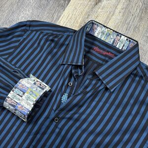 Robert Graham Men's Button Up Shirt Blue Black Stripe Herringbone L/XL 43/17